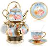 20 Pcs Porcelain Tea Set with Metal Holder and Spoon Adult Ceramic Tea Party Set European Flower Painting Teapot Cup Saucer