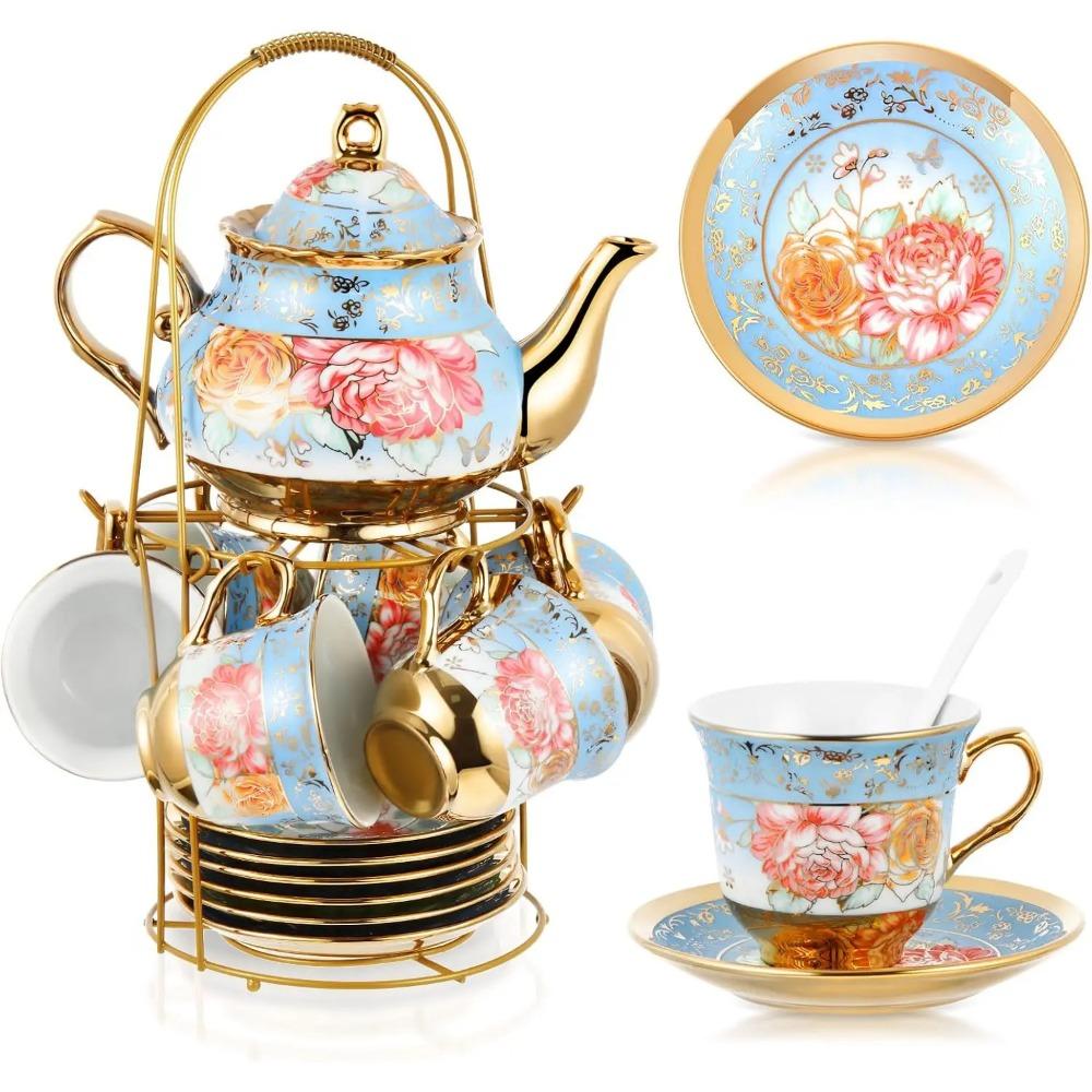 20 Pcs Porcelain Tea Set with Metal Holder and Spoon Adult Ceramic Tea Party Set European Flower Painting Teapot Cup Saucer