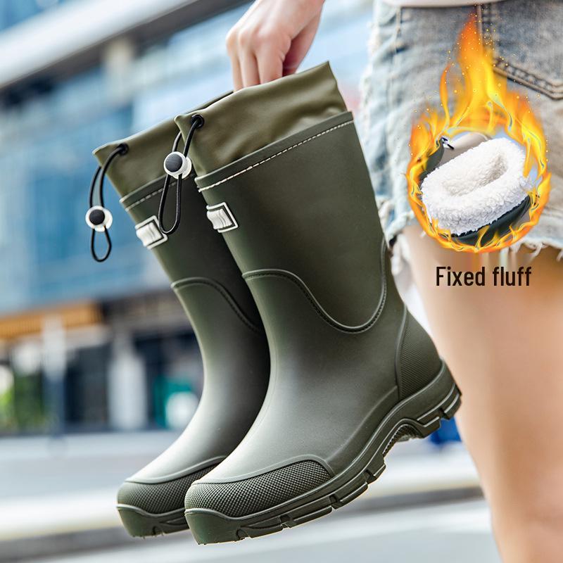 Unisex Mid-Calf Waterproof Drawstring Rain Boots - Lightweight Non-Slip Rubber Shoes