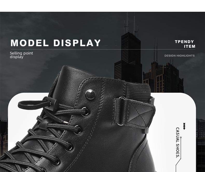 Men's Genuine Leather Black Martin Boots with Velvet, 2022 Spring High-Top Trendy Shoes