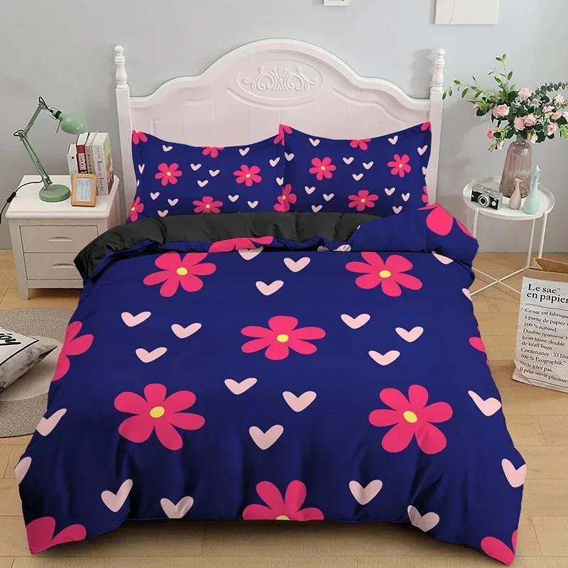 Blühende Blumen King Queen Bettbezug Rote Granatapfelblüte Bettwäscheset für Frauen Lieblich Floral 2/3-teilig Polyester Steppdeckenbezug