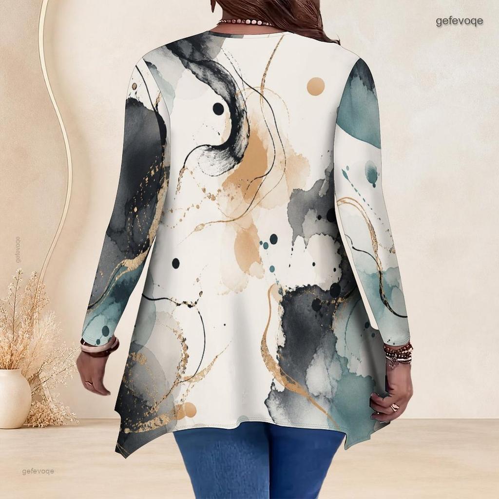 Women Plus Size V Neck Long Sleeve Printed Asymmetric Hem Flared Tunic Top
