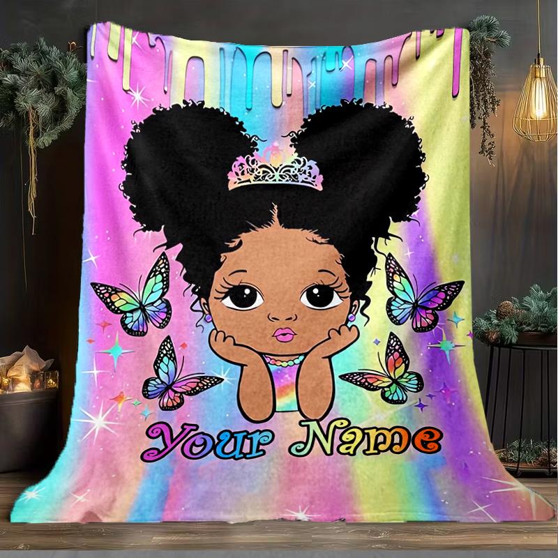 1PC Custom Name Rainbow Dreams Butterfly Princess outdooor Flannel blankets Patterns Throw Blanket All-Season Soft Gift for Couch, Bed, Camping gifts