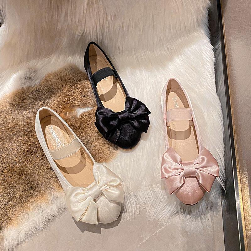 Fashion Flat Shoes for Women 2025 Spring and Autumn Period Bow Bow Round Bow Ballet Mary Jane Shoes Ladies Loafers Women