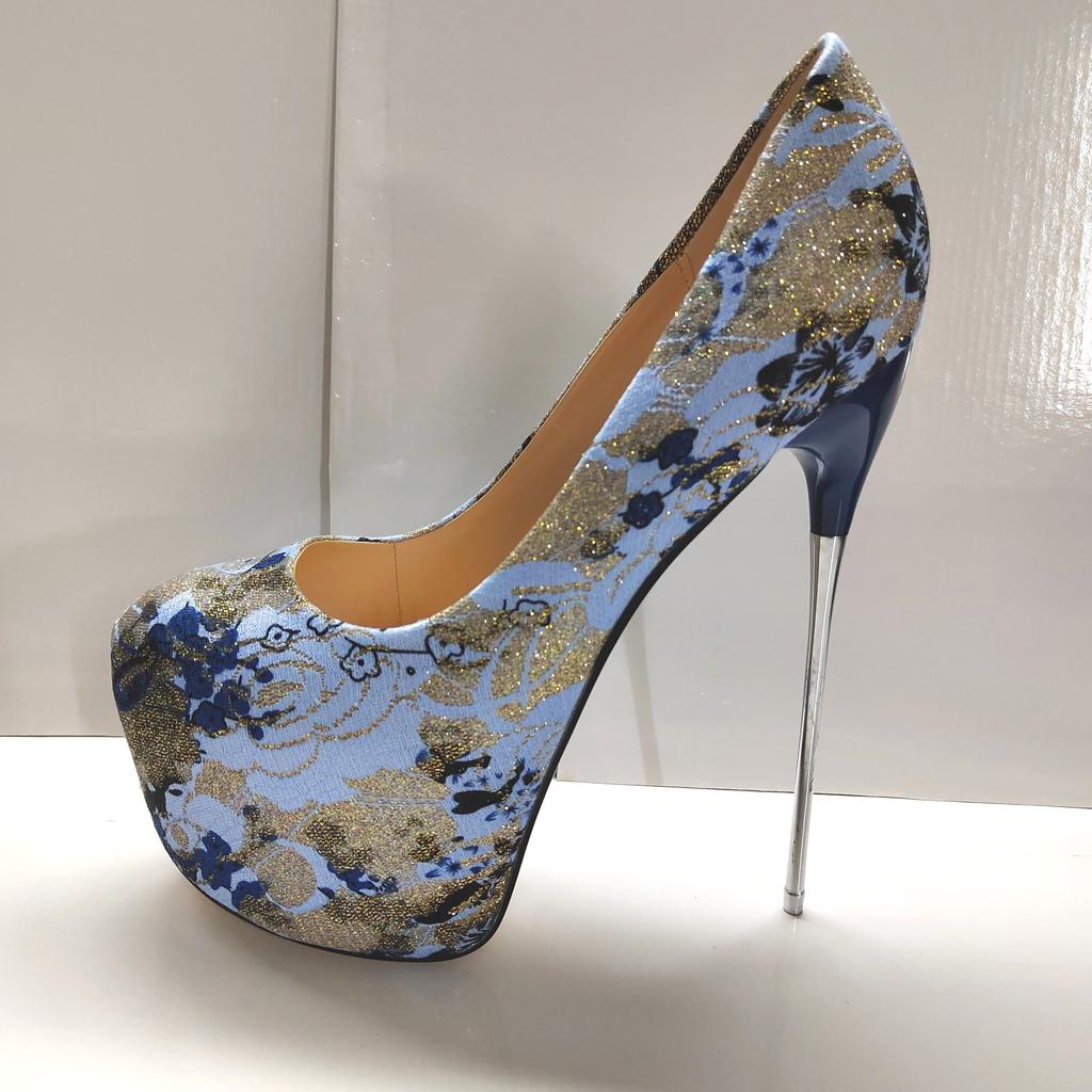 New 22cm Women's Shoes, Metal Iron Heel Large Size Fake Girl 30cm Thin Heel Lace Nightclub High Heels