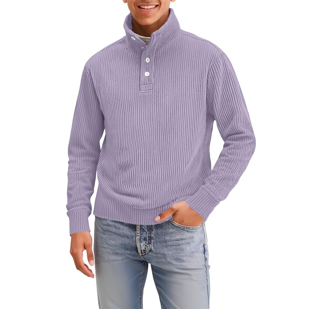 Men's Four-Button Pullover Sweatshirt, Solid Color, High Neck, Long Sleeve