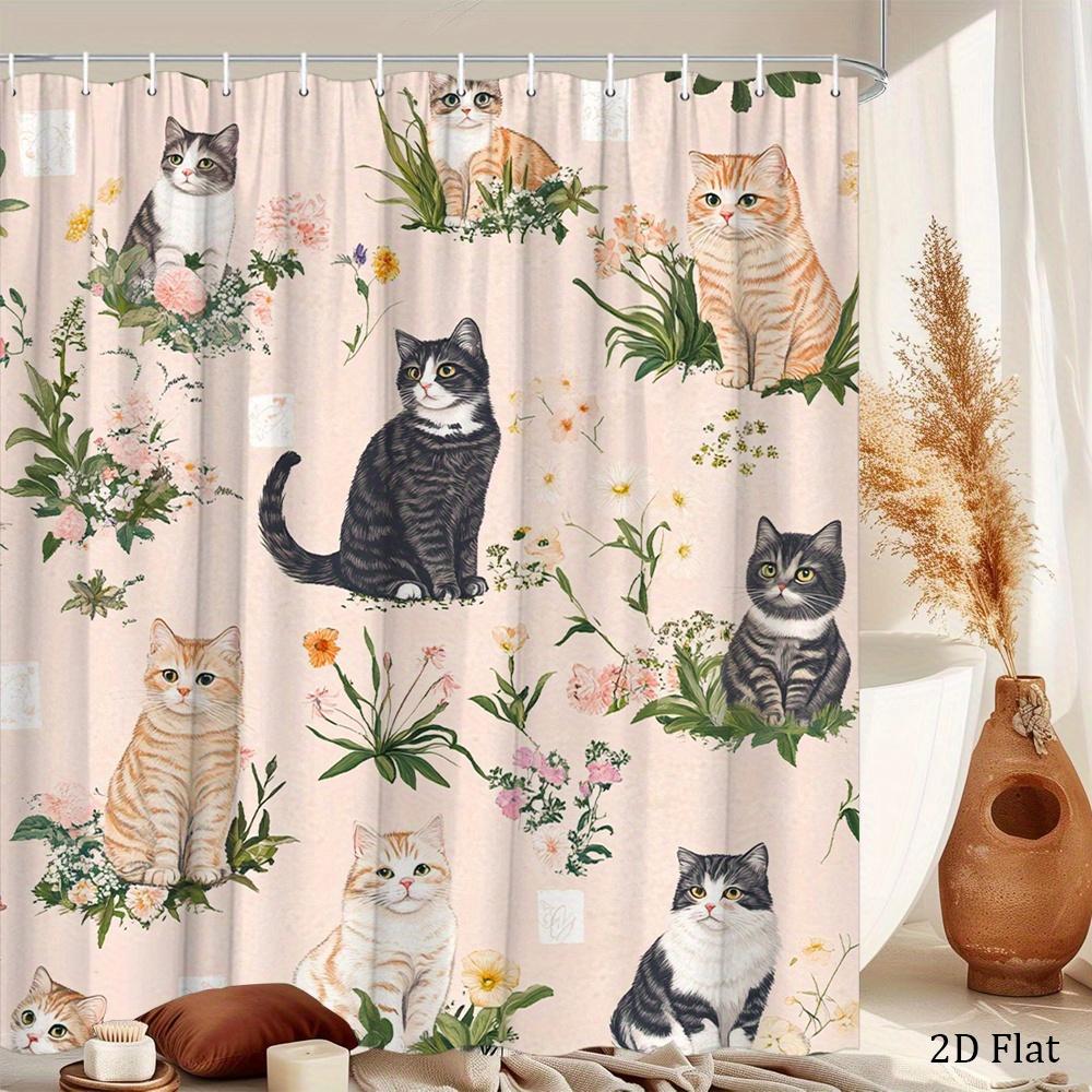 

1pc Whimsical Hand-Drawn Cat Shower Curtain with Roses, Daisies & Lilies on Light Pink - 70.8x70.8 Inch Polyester Bathroom Dec 90x180cm