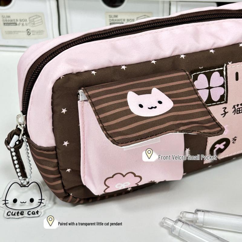 Pink & White Cartoon Kitten Pencil Case - Large Capacity for Girls, Trendy & Cute Stationery Bag for Students