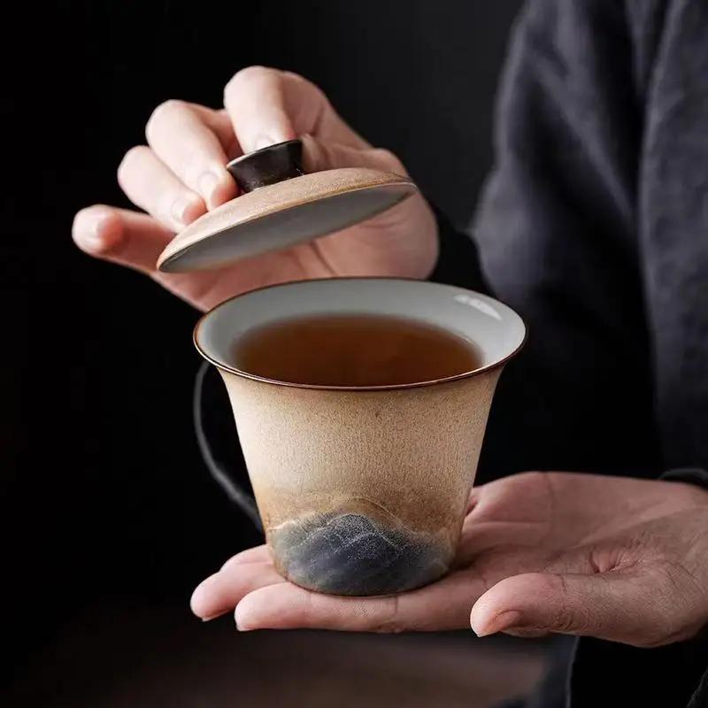 Kiln Change Cangshan Ercai Cover Bowl with Cover Teacup High-end Hand-held Tea Bowl Household Ceramic Kung Fu TeaSet Tea Maker