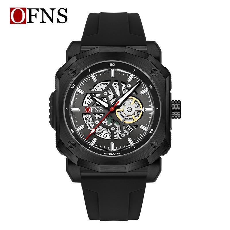 OFNS Men s Creative Skeleton Dial Quartz Watch with Calendar and Silicone Strap - Waterproof Fashion Wristwatch