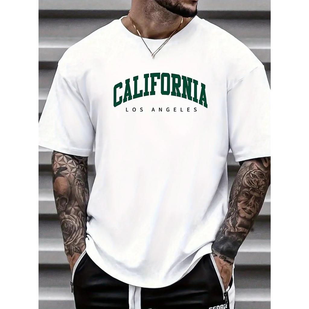 Summer men's casual sports loose California letter print comfortable round neck short sleeved T-shirt top