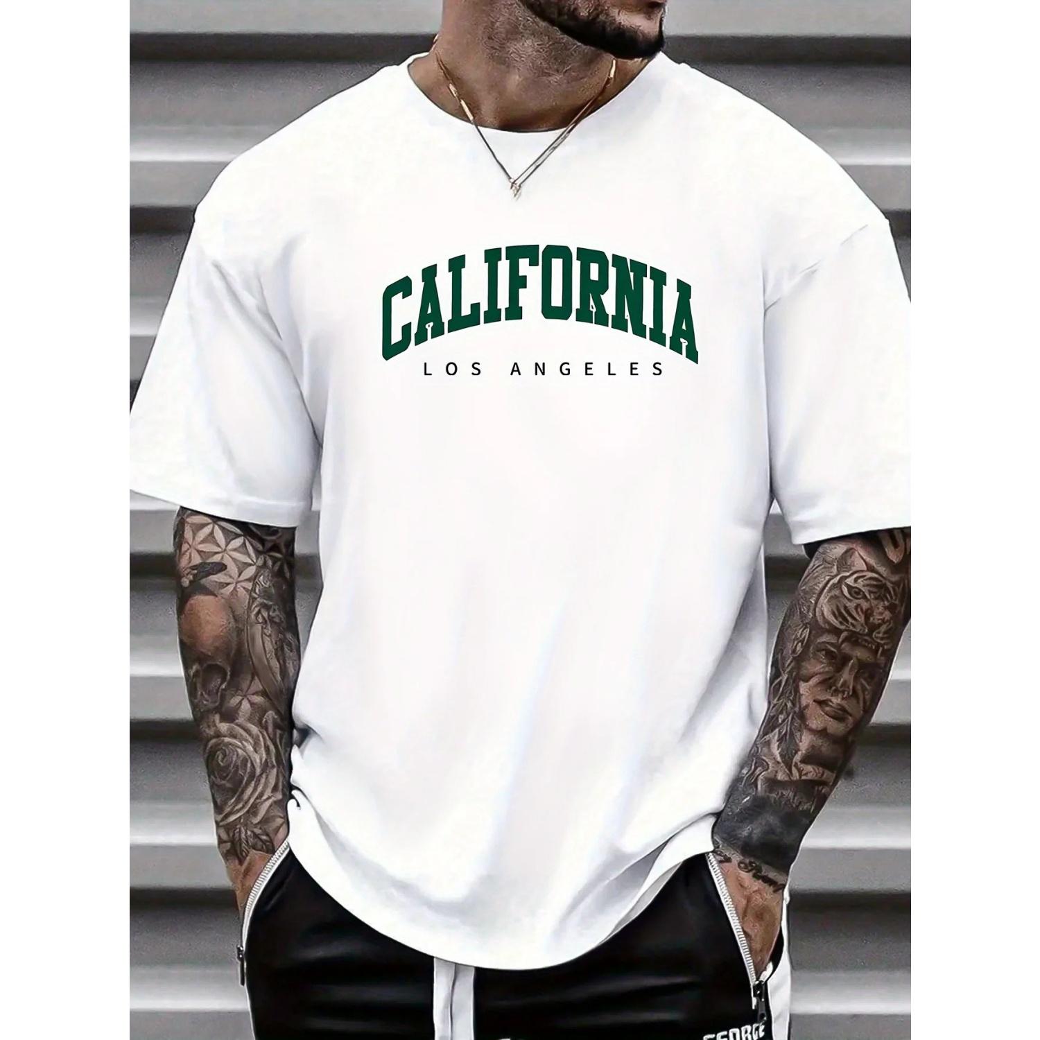 

Summer men s casual sports loose California letter print comfortable round neck short sleeved T-shirt top S разноцветный