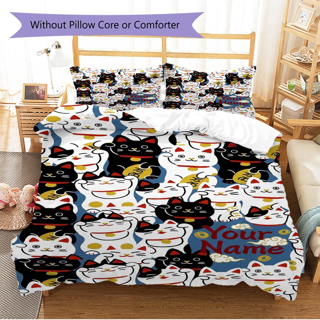 Name Custom Maneki-Neko Pattern Bedding Set Quilt Cover Pillowcase Home Decor Gift (1 * duvet cover + 2 * pillowcase, without core)