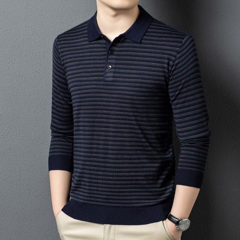 ROMON Men's Wool Blend Striped Polo Neck Sweater