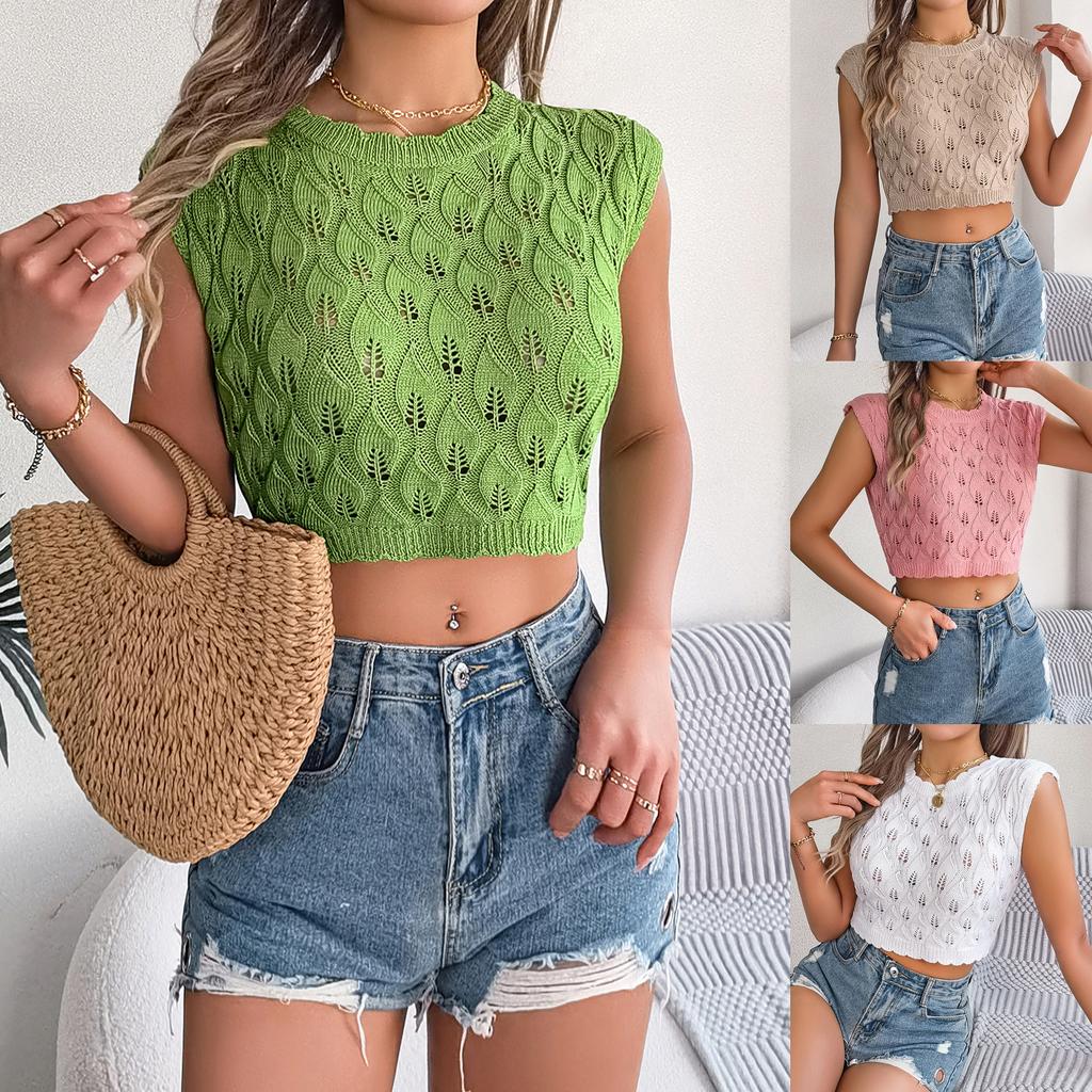 Women Leaf Pattern Hollow Out Knit Sleeveless Crop Top