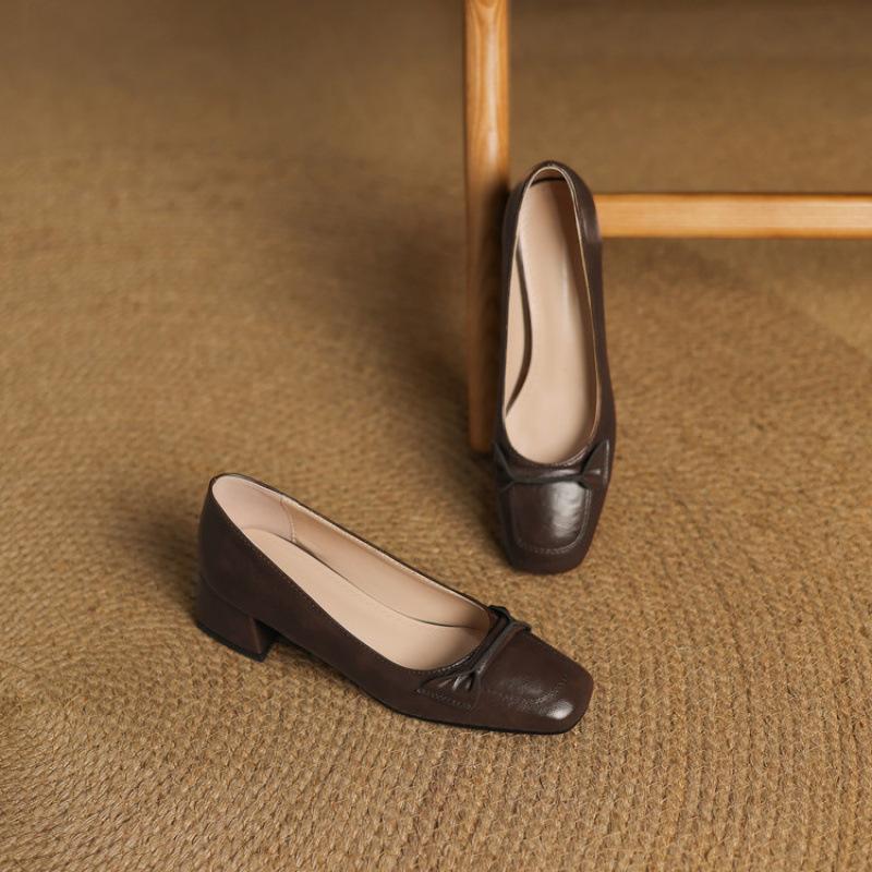 Casual Four-season Wear Single Shoes, Medium Heel, Square Heel, Rubber Low-top Shoes, One Pedal, Square Head, New Women's Small Leather Shoes