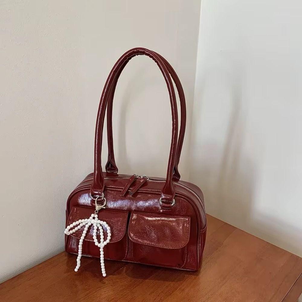 Solid Color Pocket Boston Tote Bag Korean Style Underarm Bag Temperament PU Bowling Bag  Travel