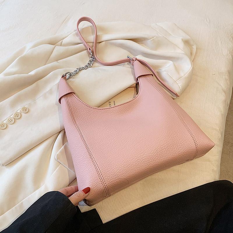 Fashionable Solid Color Female One Shoulder Bag Pu Leather Popular Textured Chains All-Matched Women Underarm Pack For Shopping