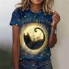 Women's T-shirt Casual 3D Printed Top Night Cat Cartoon T-shirt T-shirt