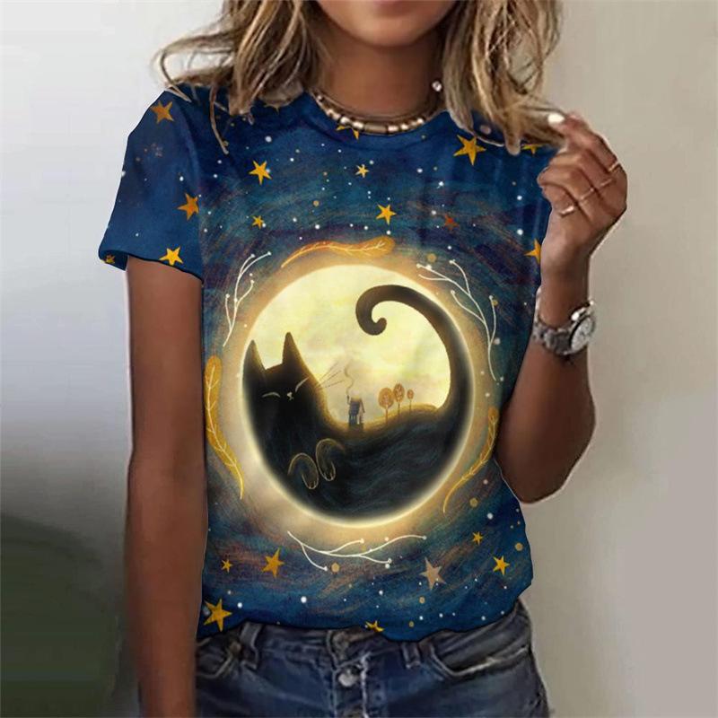 Women's T-shirt Casual 3D Printed Top Night Cat Cartoon T-shirt T-shirt