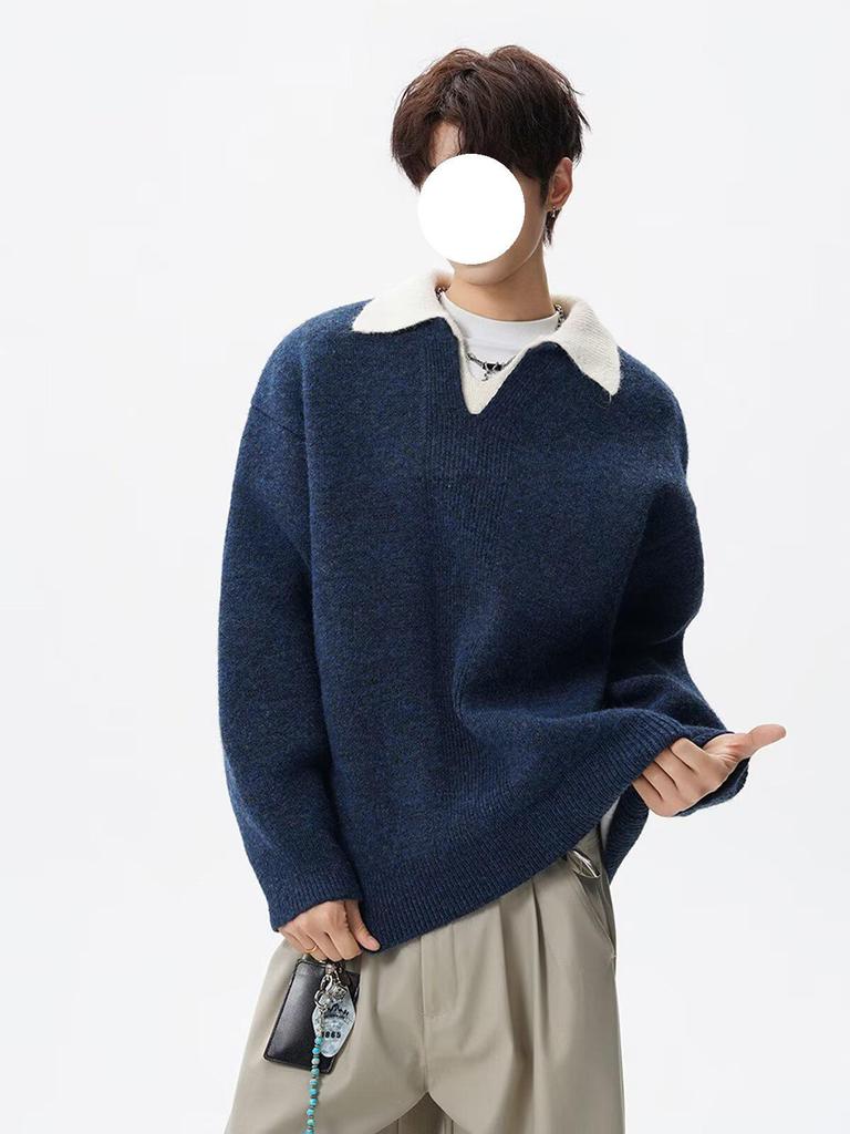 Men's Retro Knit Polo: Stylish Lapel Two-Piece Sweater in Casual, Luxurious Style.