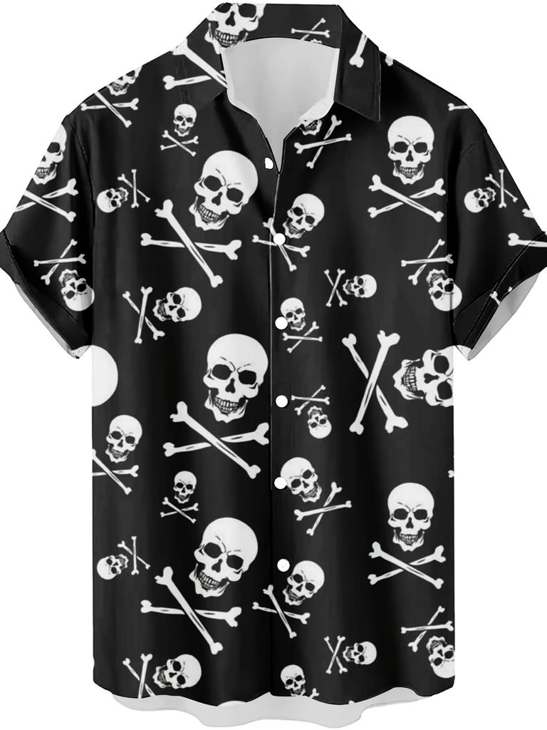 [Print Design – Not Textured] Men'S Print Skull And Bones Hawaiian Shirt - Black And White Retro Pattern Short Sleeve Button-Up Top, Regular Fit