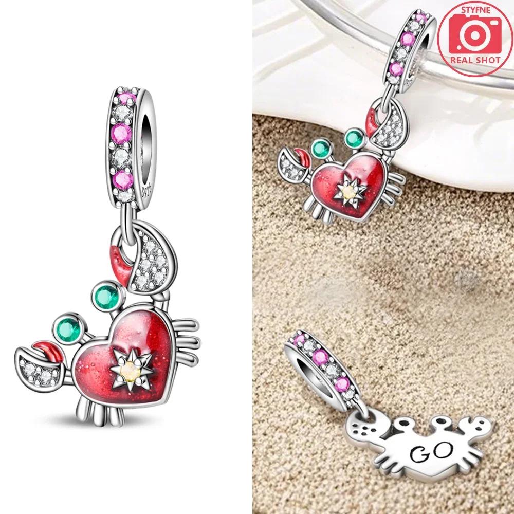 Original Butterfly Red Crab Crayfish Heart Blue Zircon Charm Beads Fit Braceletcopper Women Diy Fine Gift Jewelry Necklace