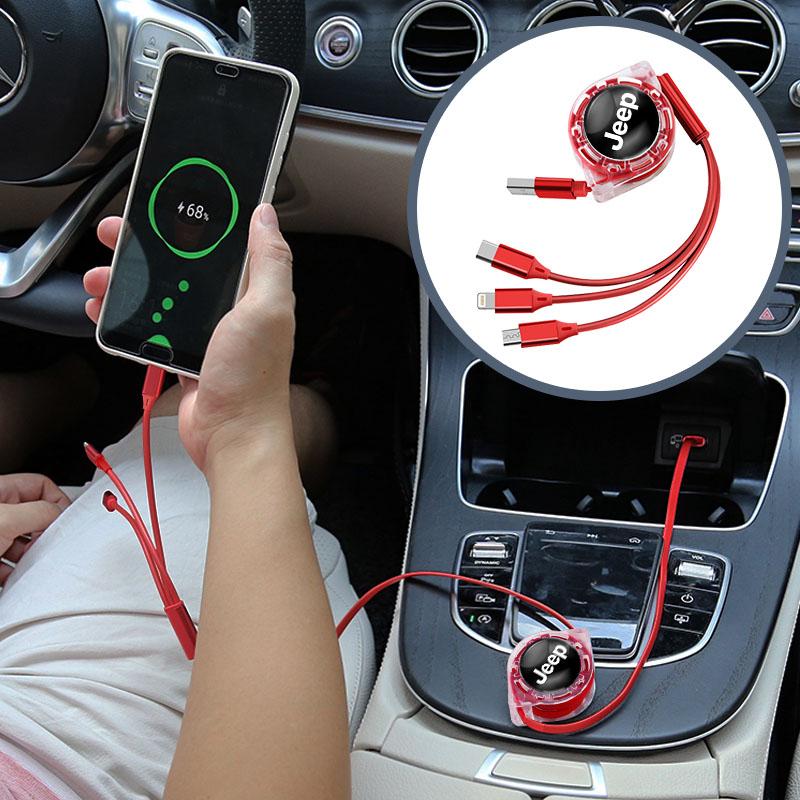 Car Interior Phone Charging Cable 3 In 1 Retractable Data For Jeep Grand Cherokee Wrangler JK Gladiator Compass Renegade Patriot AKL1