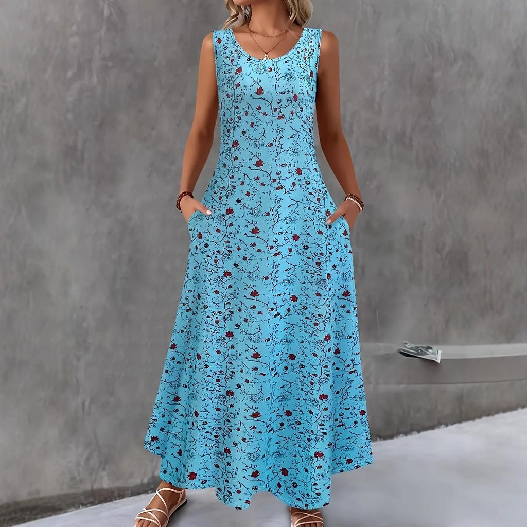 Women's Round Neck Sleeveless Floral Print Maxi Dress Loose Fit Mid Waist Elegant Casual Long Dress