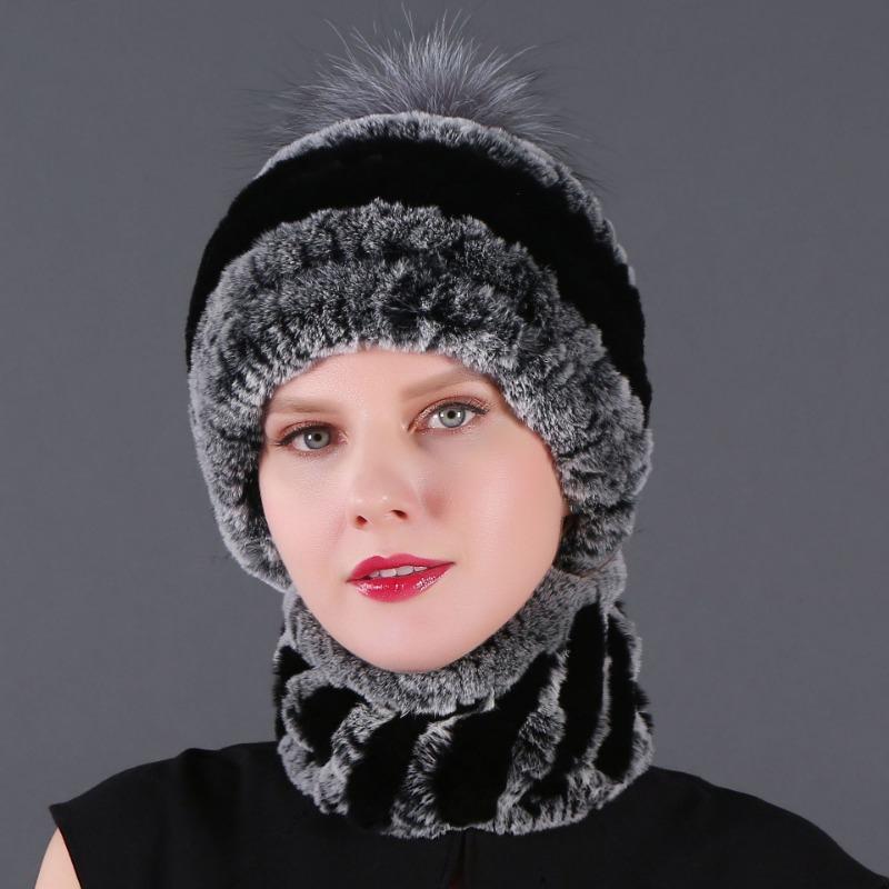 New hat scarf winter thickened thermal hat Rex rabbit fur grass Rex rabbit fur scarf two-piece set