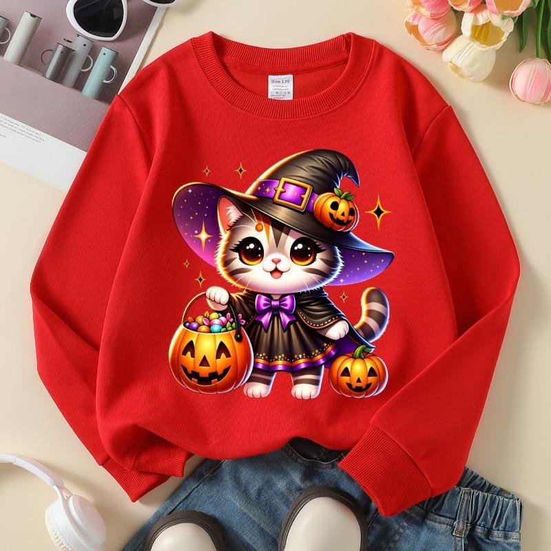 Kids Crewneck Sweatshirt, Cute Halloween Witch Cat with Pumpkin Basket Print, Soft Casual Pullover for Fall Winter