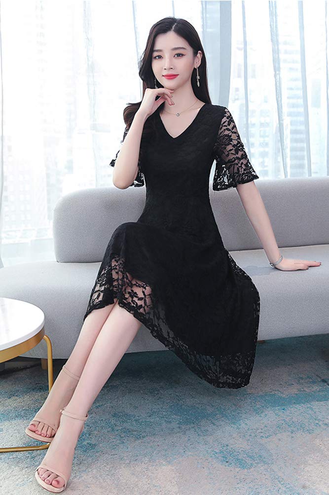 CHUBIK Short Summer Fully Perfect for Formal and Size 2XL Women's All-Lace Dress, Sleeve, A-Line, Lined, Weddings, Occasions, After-Parties, Black,