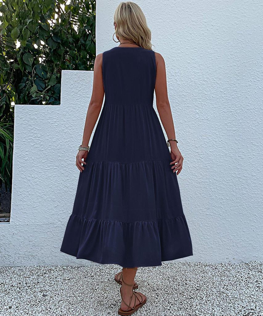 Letnia Damska Sukienka Casual Bez Rękawów Średniej Długości - Jednolity Kolor, Prosta i Elegancka