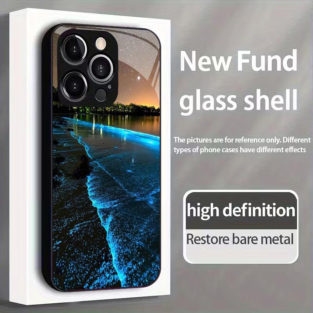 Fluorescent beach pattern tempered glass phone case suitable for iPhone17 16 15 14 13 12 11Pro/Max/Plus anti drop and shockproof
