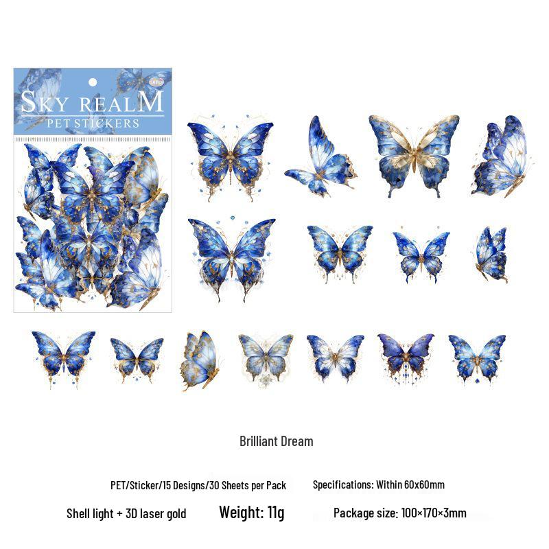 Sky Realm Retro Butterfly Sticker Pack: 3D Laser Gold Collage & Flowing Hemp PET Journaling Cards