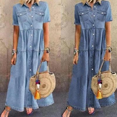 Retro Denim Maxikleid für Damen Weiches Dünnes Langes Kleid mit Knopftaschen Kurze Ärmel Lässige Vestidos Damen Jeanskleid