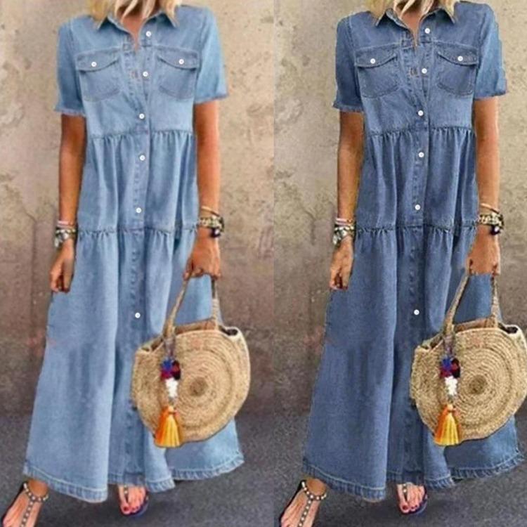 Retro Jeansowa Sukienka Maxi dla Kobiet Miękka Cienka Długa Sukienka z Guzikami Kieszeniami Krótki Rękaw Codzienna Vestidos Damska Jeansowa Sukienka