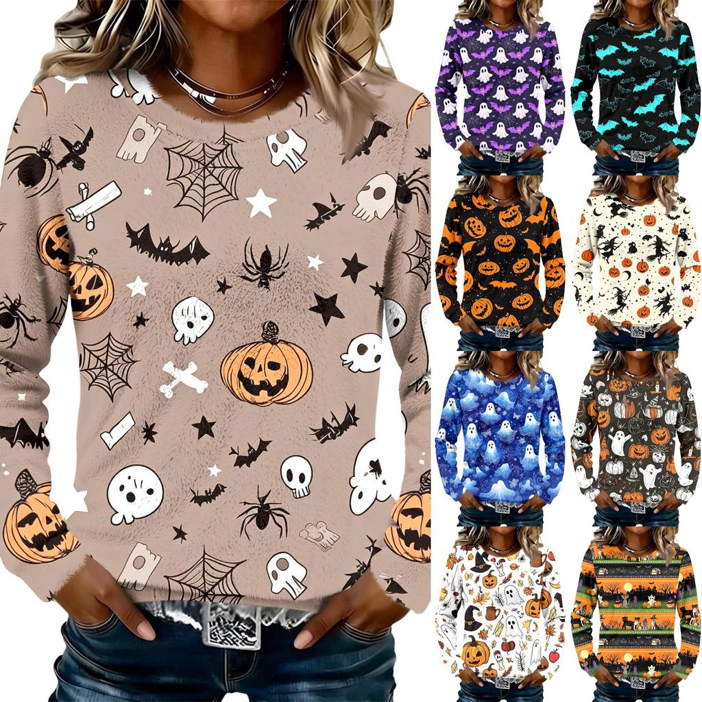 Women's Flannel Long Sleeve Top with Halloween Print Neck Pullover Shirt