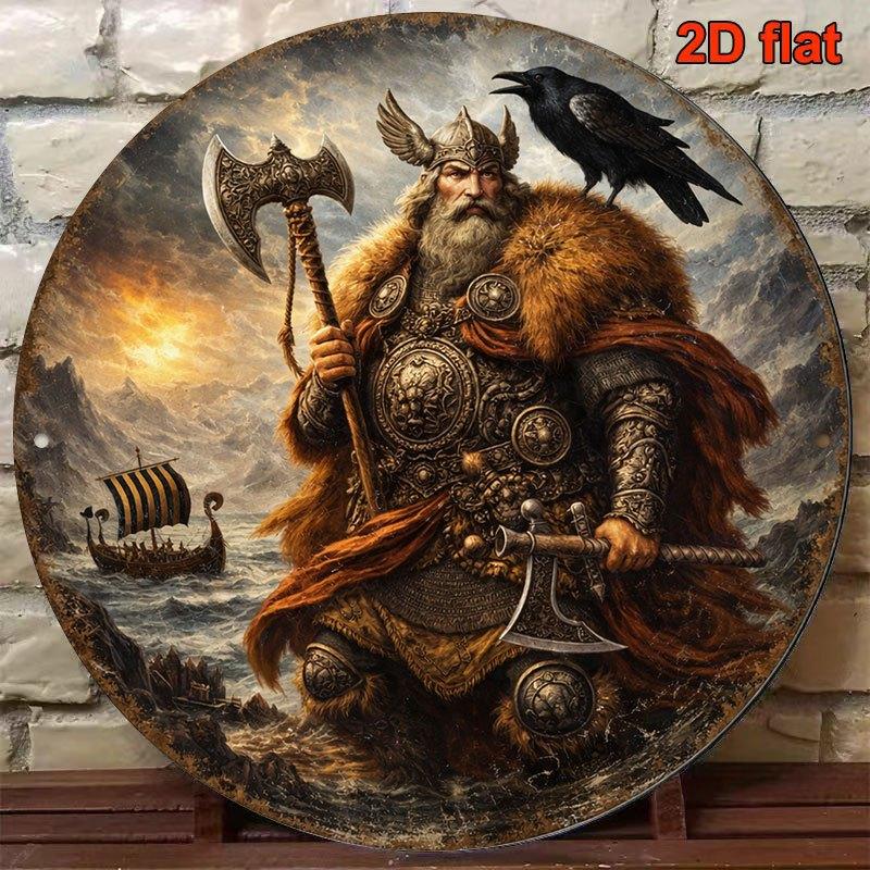 Round Rust Frame Metal Tin Sign Viking Warrior Odin Raven Print Wall Decor Non LED Metal Plaque For Man Cave Pub Cabin Garage