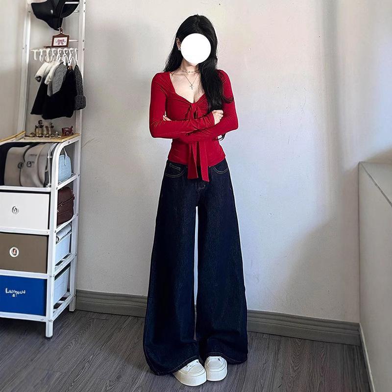Women's Dark Blue High Waist Wide Leg Jeans - Retro, Slimming, Floor-Length