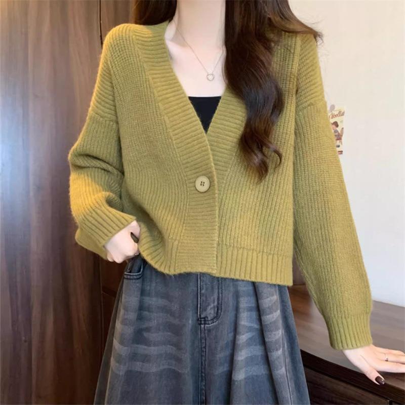 New Early Autumn Short Knitted Cardigan Loose Inner Top Long Sleeve V-Neck Sweater Jacket Women s One Size 5156₽