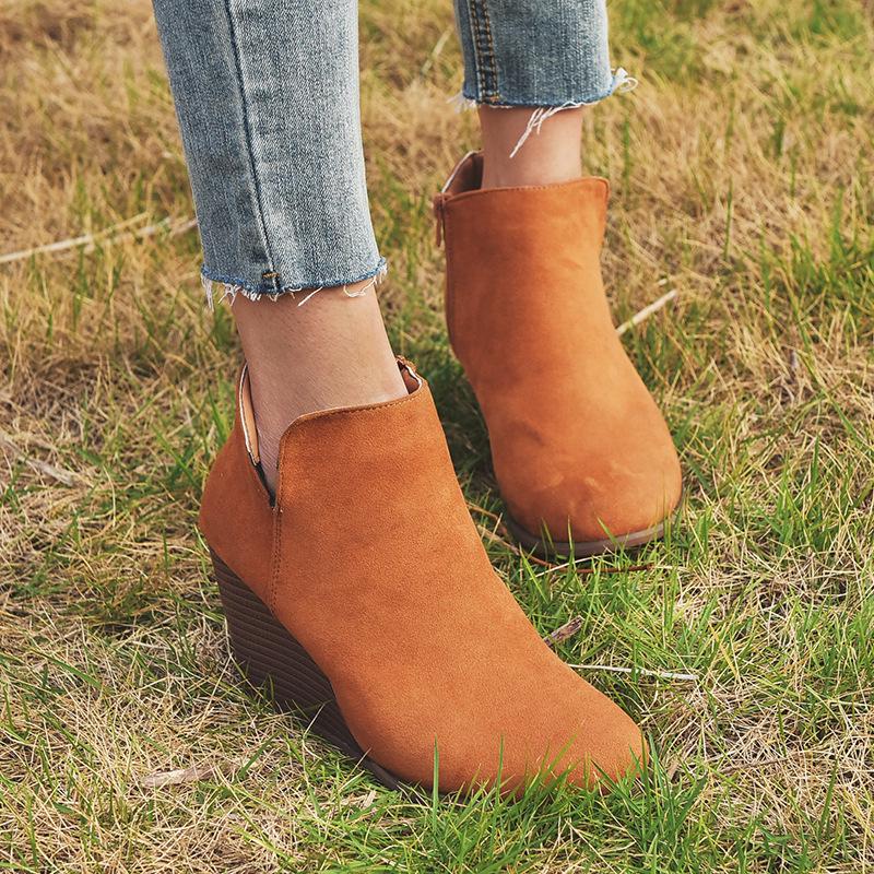 2021 Autumn/Winter Women's Large Size Wedge Leather Boots with Side Zipper