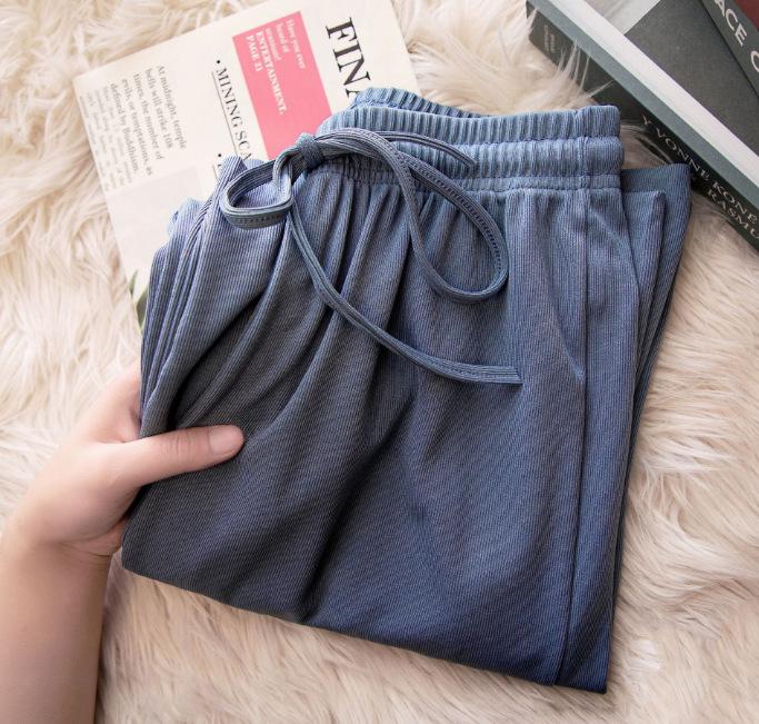 Women's Summer Ice Silk Ribbed High-Waisted Wide-Leg Pants - Lightweight, Breathable, and Sun-Protective