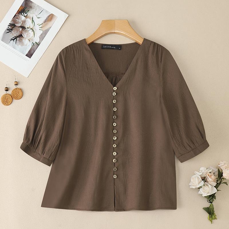 ZANZEA Women Casual V-Neck Solid Color Summer Half Sleeve Blouse