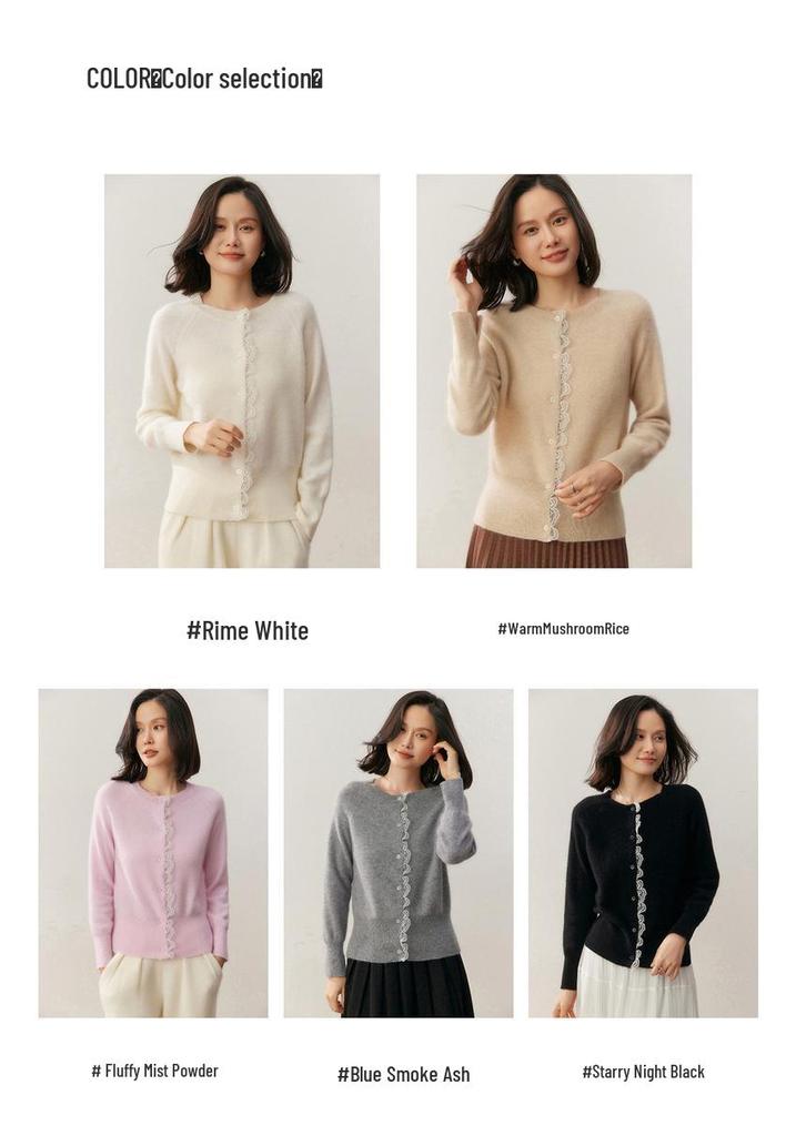Women's Autumn Cashmere Round Neck Lace Knit Cardigan Sweater - Korean Style, Solid Color, Outerwear Option