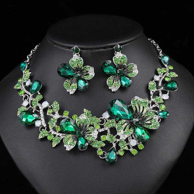 

Multicolor Earrings with Matching Necklace Fashion Bauhinia Flowers Crystal Zircon Set Wedding Necklace Women Zircon зелёный