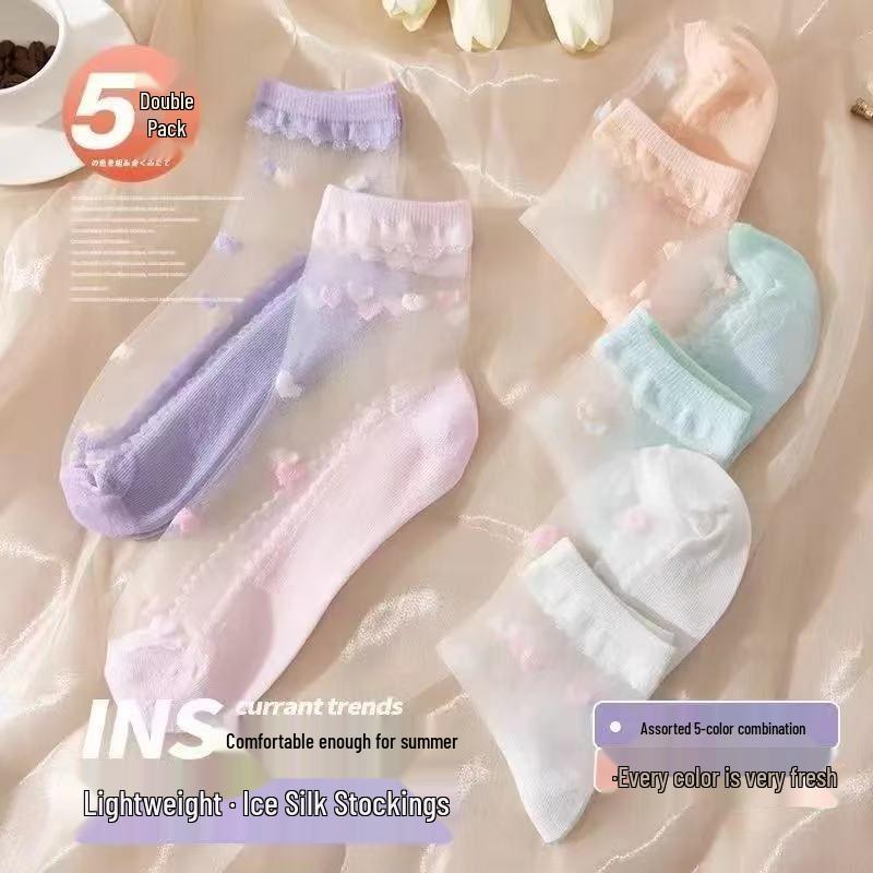 5 Pairs of Breathable Mesh Mid-Calf Lace Socks for Baby Girls - Perfect for Spring/Autumn