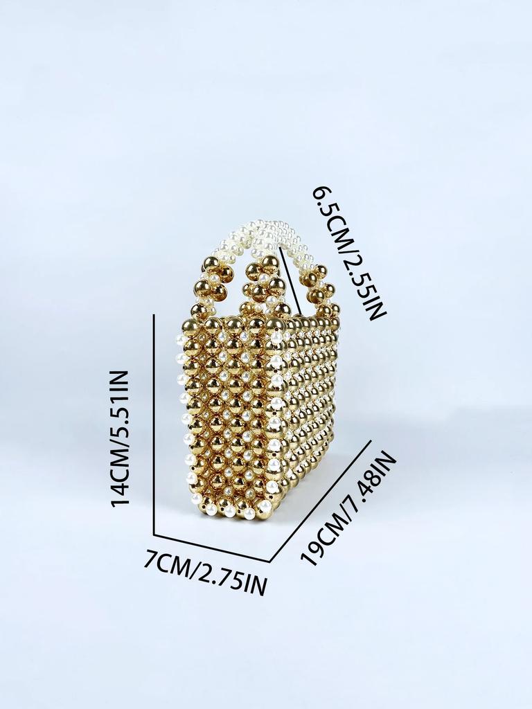 Advanced Mobile Phone Bag with Gold Round Beads, Acrylic Handheld Beaded Handmade Women's Bag, Fashionable Casual Dinner Bag