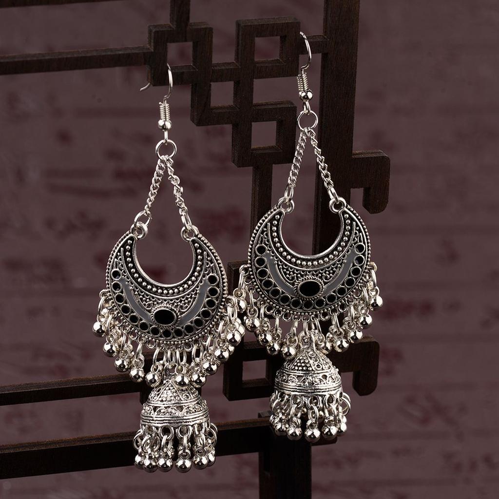 Ethnic Copper Color Indian Jhumka Gypsy Zircon Boho Geometric Lantern Tassel Oxidized Earrings Women's Afghan Hanging Earrings
