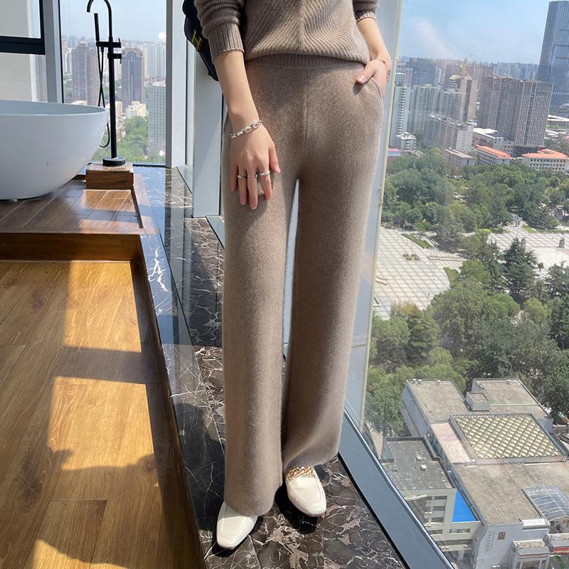 Women's 100% Wool Wide-Leg High-Waist Autumn/Winter Pants - Thickened, Warm, and Loose-Fitting